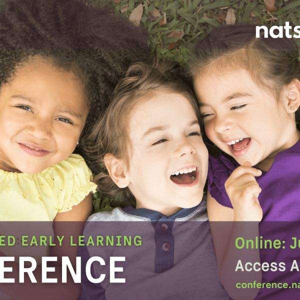 Photo of three young kids lying on grass. In front of the photo are the "NatStart23" logo on the upper right, text that says "Nature-Based Early Learning Conference. Online: July 24–28. Access All Year" on the bottom