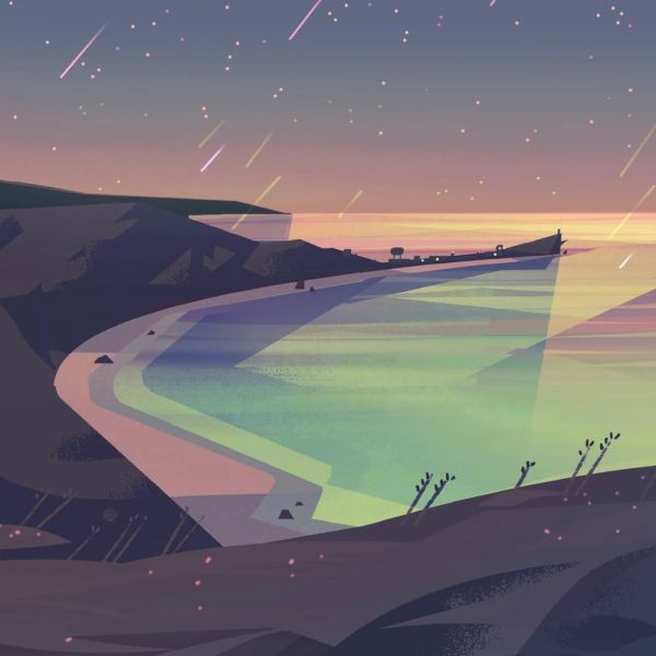 CalArts-style illustration of a beach and hill at dusk