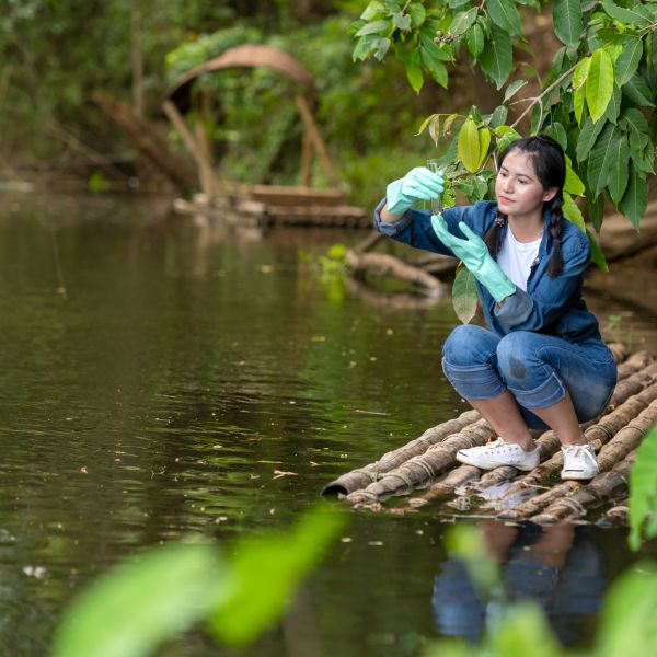 An adult scientist crouches along a riverbank, examining a test tube of water