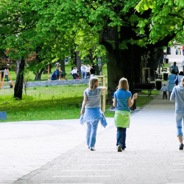 People strolling on a road in a park