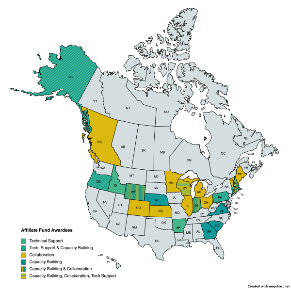 A map depicting Awardees for the 2023 NAAEE Affiliate Fund