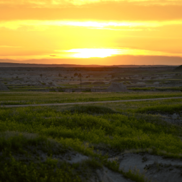 The sun sets on the dark green plains of South Dakota