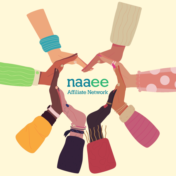 Hands of all types create a heart shape. Within the heart is the NAAEE Affiliate logo.
