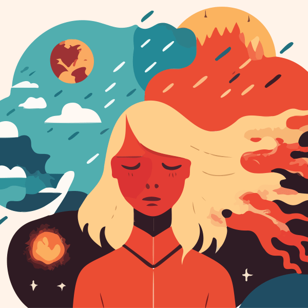 A graphic image of a person with long blonde hair with natural elements in the background 