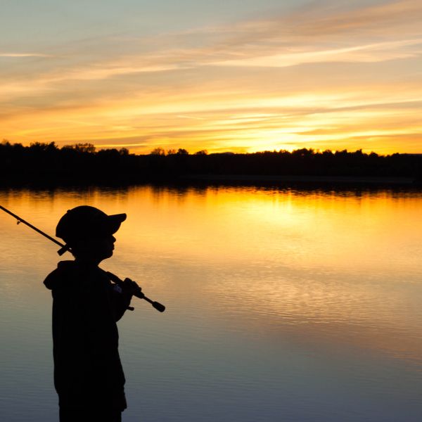 Silhouette of a young child holding a fishing pole and looking out at a body of water