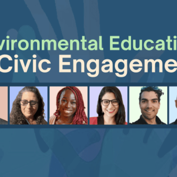 Blue background with text near the top that says, "Environmental Education and Civic Engagement." Portraits of the guest presenters are in a row under the text, starting with "Oliver Escobar. Emily Fano. Amara Ifeji. Gitanjali Paul. Taylor Ruffin. Alex Kudryavtsev"