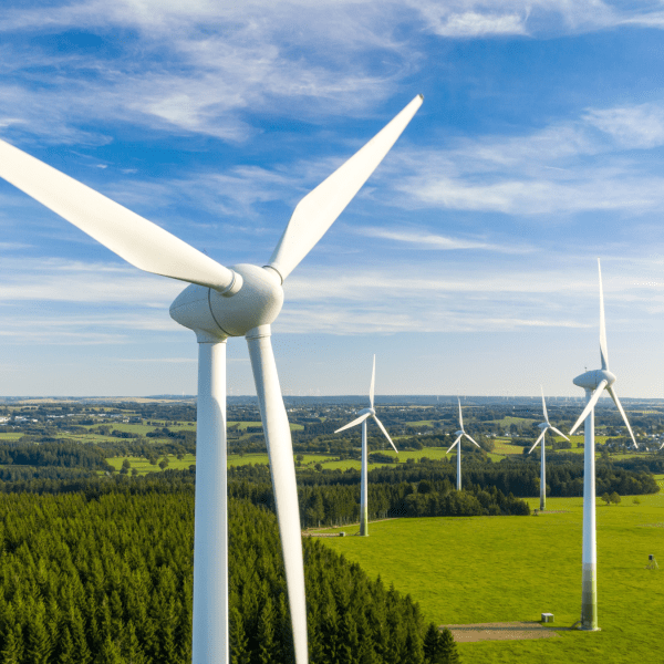 Wind turbines across a rural field; behind them is a forested area and a lightly cloudy blue sky