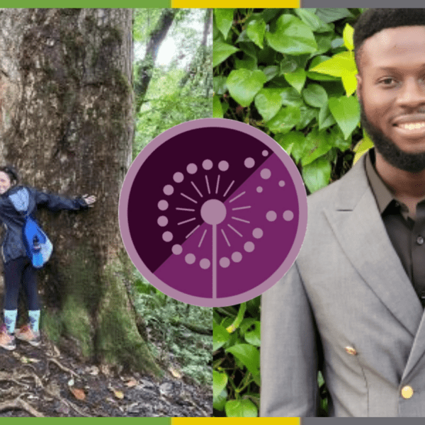 Graphic with side-by-side photos of Jesze Doleh hugging a tree and Musa Kondeh in a suit and standing in front of a plant wall. A purple circle with a dandelion illustration, representing the YEP group logo, is centered.