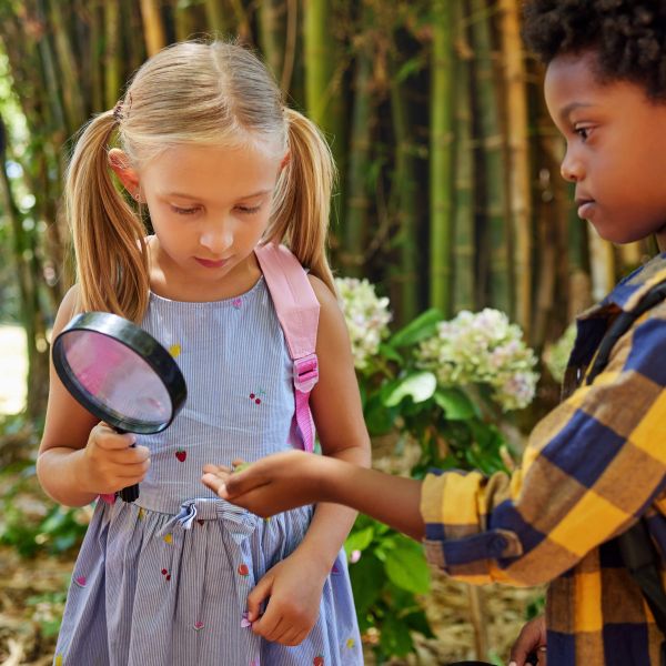Three students holding magnifying glasses