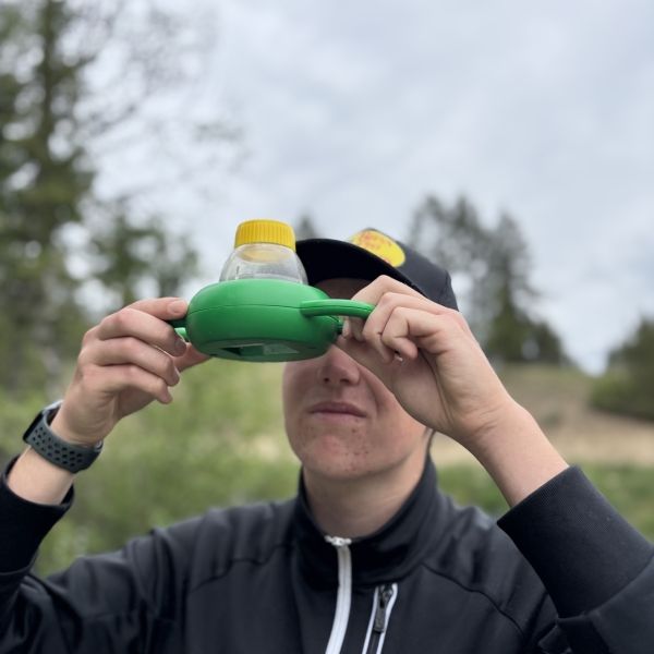 Students identify Benthic Macroinvertebrates in water samples; a student in a black jacket holds a green container up to their face