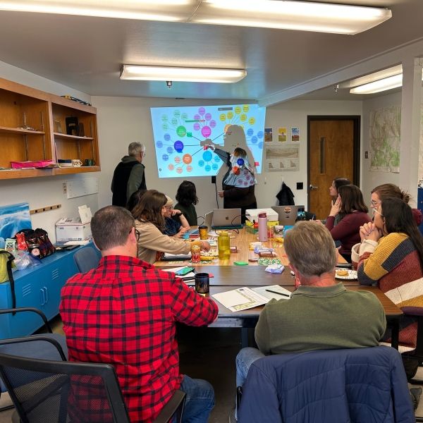 Group of people sitting around a table in an office