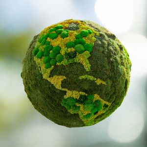 Floating Earth made up of green fluffy moss of different colors. 