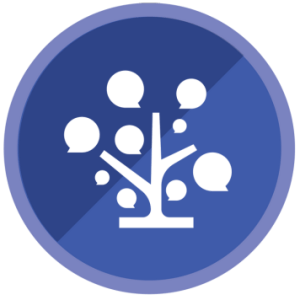 Blue circle logo. A white tree with leaves as speech bubbles graphic is in the center