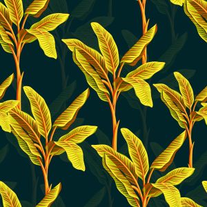 Pattern of golden leaves on deep green background