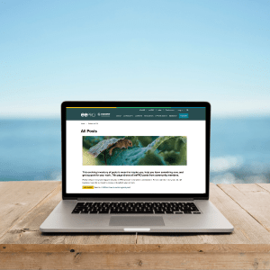 La[top on a wooden table, near a beach, showing a screenshot of eePRO website