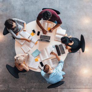 Aerial view of students studying in a group