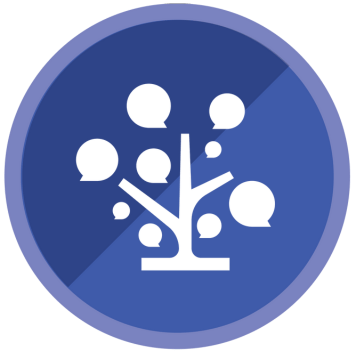 Blue circle logo. A white tree with leaves as speech bubbles graphic is in the center
