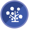 Blue circle logo. A white tree with leaves as speech bubbles graphic is in the center